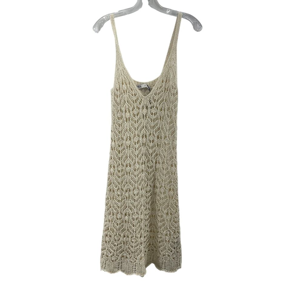 New Zara Cream Women's Crochet Knit Bohemian Cotton Tank Dress S - NWT